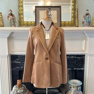 NWT “Joan Voss” vegan suede fully lined tan fitted blazer